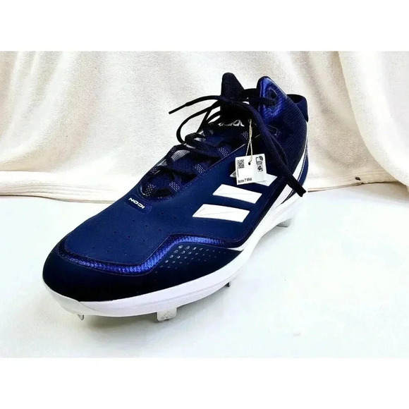 Adidas Size 14 Men's Navy White Icon 7 Mid Lace Up Metal Cleats Baseball Shoes - Picture 1 of 13